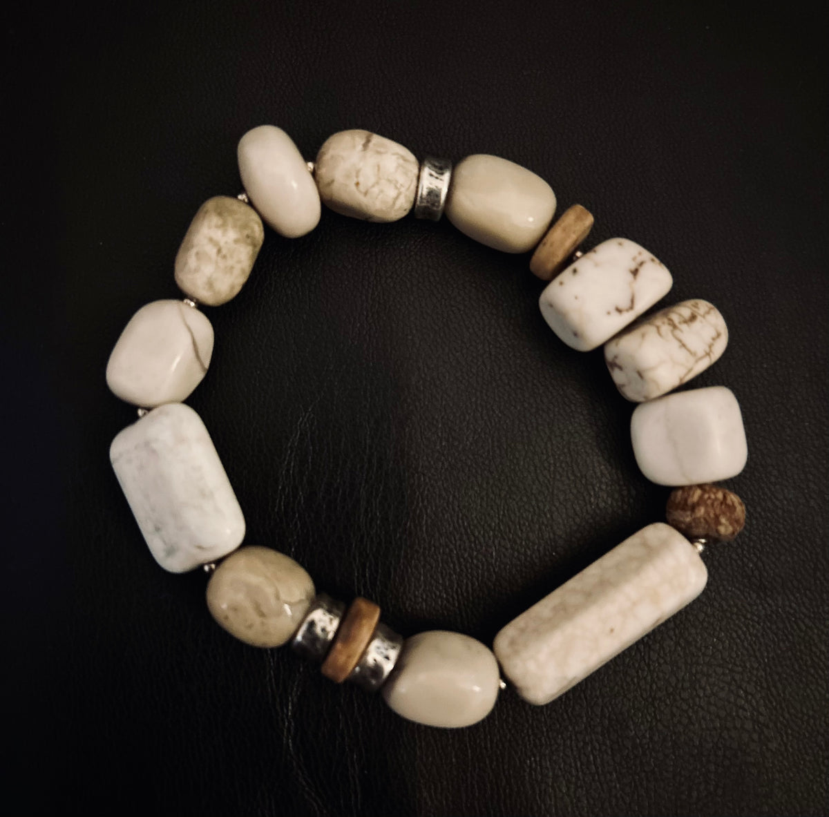 African Howlite & Sterling Silver Stretch Bead Bracelet