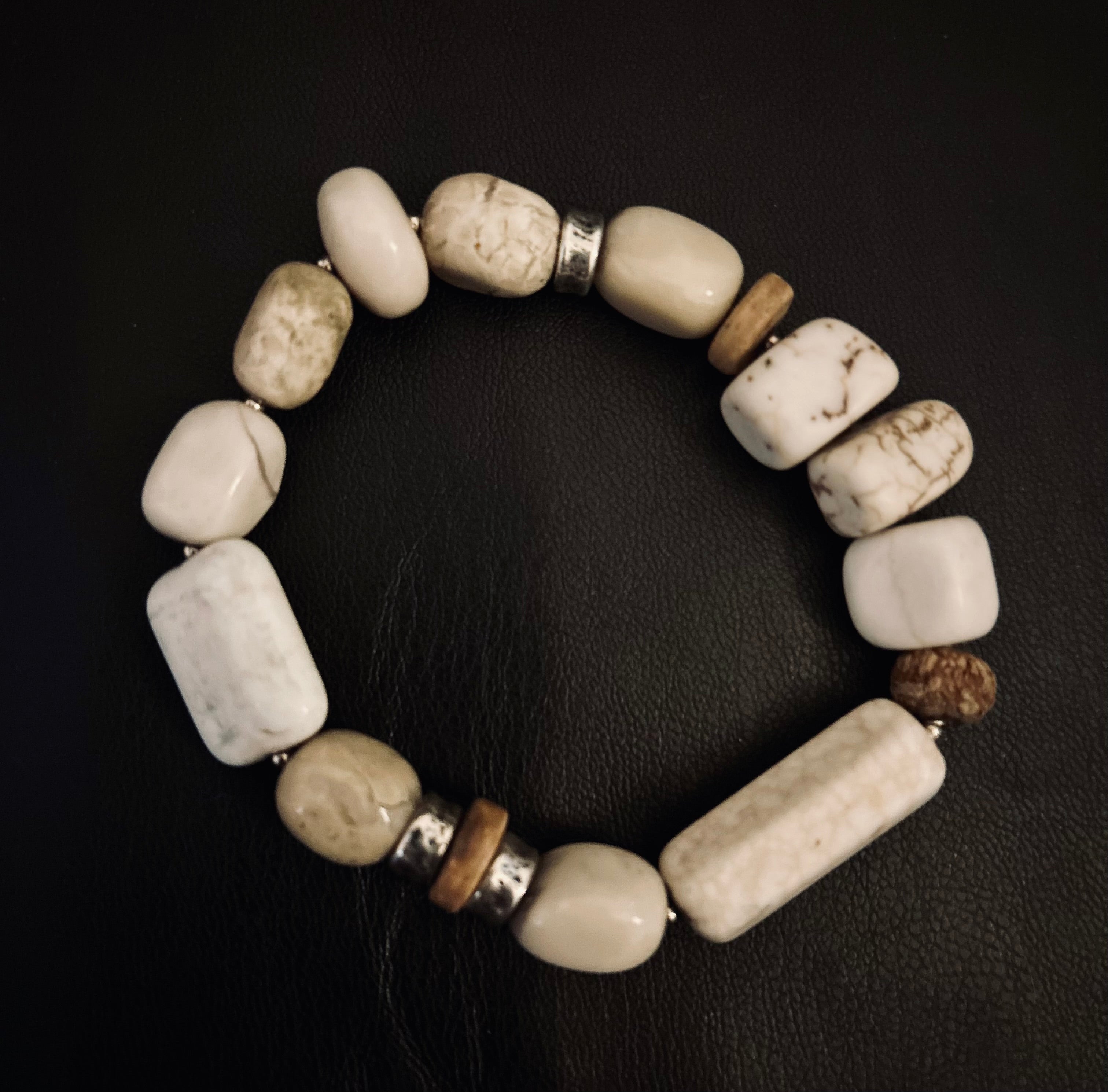 African Howlite & Sterling Silver Stretch Bead Bracelet
